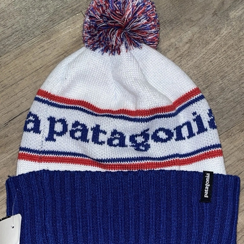 Patagonia Blue, White, and Red Pom-Pom Beanie